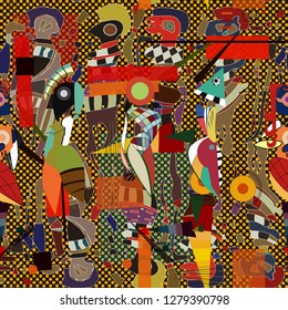 Seamless pattern with colorful pop art objects, abstract forms, woman,  dots, can be used as cool print for clothes. Vector illustration of a style of supermatism. Creative retro poster  