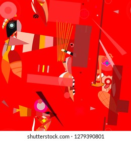 Seamless pattern with colorful pop art objects, abstract forms, woman,  dots, can be used as cool print for clothes. Vector illustration of a style of supermatism. Creative retro poster  