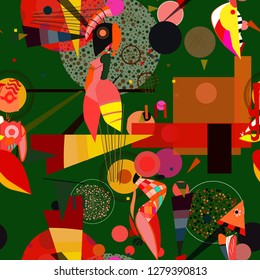 Seamless pattern with colorful pop art objects, abstract forms, woman,  dots, can be used as cool print for clothes. Vector illustration of a style of supermatism. Creative retro poster  