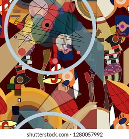 Seamless pattern with colorful pop art objects, abstract forms, woman,  dots, can be used as cool print for clothes. Vector illustration of a style of suprematism. Creative retro poster  