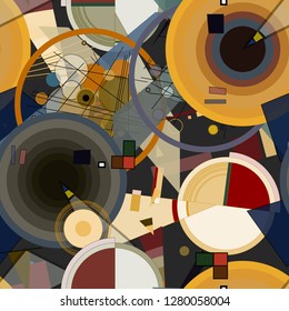 Seamless pattern with colorful pop art objects, abstract forms, dots, can be used as cool print for clothes. Vector illustration of a style of suprematism. Creative retro poster  
