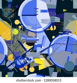 Seamless pattern with colorful pop art objects, abstract forms, dots, can be used as cool print for clothes. Vector illustration of a style of suprematism. Creative retro poster  