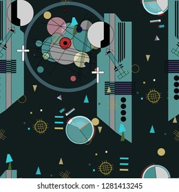 Seamless pattern with colorful pop art objects, abstract forms, dots, can be used as cool print for clothes. Vector illustration of a style of suprematism. Creative retro poster  