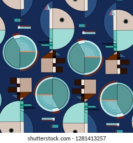 Seamless pattern with colorful pop art objects, abstract forms, dots, can be used as cool print for clothes. Vector illustration of a style of suprematism. Creative retro poster  