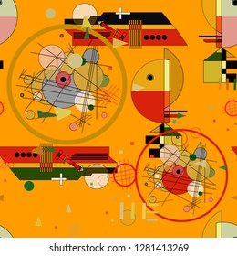 Seamless pattern with colorful pop art objects, abstract forms, dots, can be used as cool print for clothes. Vector illustration of a style of suprematism. Creative retro poster  