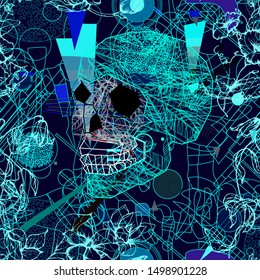 Seamless pattern with colorful pop art objects skulls, lines with hand drawn flowers. Can be used as cool print for clothes or invitation for halloween