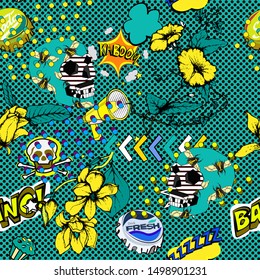 Seamless pattern with colorful pop art objects skulls, bugs with hand drawn flowers. Can be used as cool print for clothes or invitation for halloween