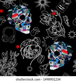 Seamless pattern with colorful pop art objects skulls, caps, tin, lips with hand drawn flowers. Can be used as cool print for clothes or invitation for halloween