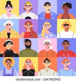 Seamless pattern with colorful pop art style portraits of different diverse group of people. Characters of different age, language, skin color, nationality, working class, lifestyle and generation.