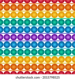The seamless pattern of colorful pop it. The texture of the popular antistress sensory toy. Rainbow pop bubbles on white background. Swatch of the seamless pattern included in the file.