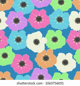 Seamless pattern of colorful poppies on a blue background