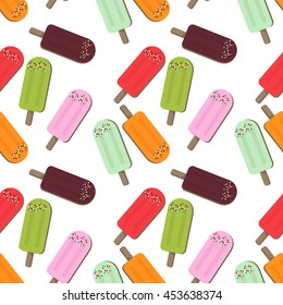 Seamless pattern with colorful popsicles and sprinkles. Vector illustration.