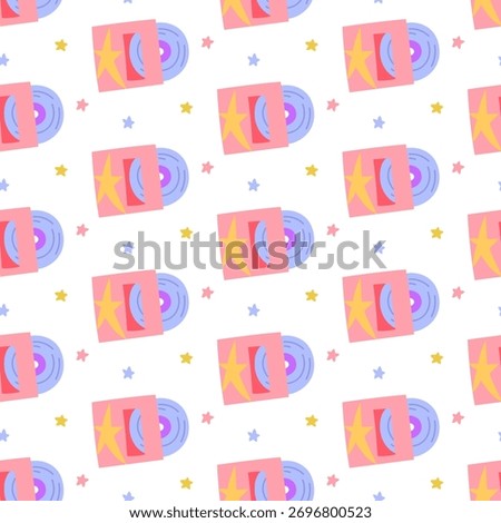 Seamless pattern with colorful pop-style disk records in paper packages. Vinyl record, K-pop band album. Fashionable colorful flat texture for music themes, backgrounds, textiles, and designs