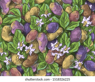 Seamless pattern with colorful potatoes, leaves and flowers