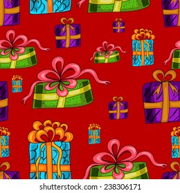 seamless pattern with colorful presents on a red background