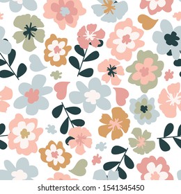 Seamless pattern with colorful pretty flowers, leaves and floral elements. Floral colorful design for baby products, fabric, wallpaper and more