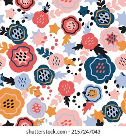 Seamless pattern with colorful pretty flowers, leaves, stars and dots. Abstract colorful design for baby products, fabric, wallpaper, surface design and so much more

