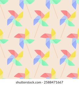 Seamless pattern with colorful propeller pinwheel on light beige background. Vector editable background for wrapping paper, fabric, wallpaper, print, textile.