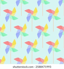 Seamless pattern with colorful propeller pinwheel on light blue background. Vector editable background for wrapping paper, fabric, wallpaper, print, textile.