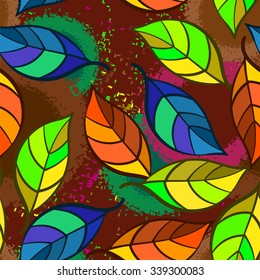 Seamless pattern of colorful psychedelic leaves on a multicolor background. Vector illustration.