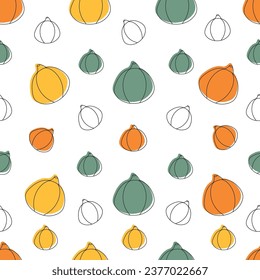 Seamless pattern with colorful pumpkin. Autumn colors. Linear pumpkins for wrapping, print, fabric, background invitation, clothes