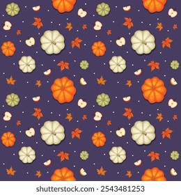 Seamless pattern of colorful pumpkins, apples and leaves. Vector illustration in flat style on a blue background.