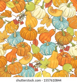 Seamless pattern with colorful pumpkins, autumn leaves, apples, pears and mountain ash