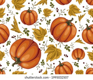 seamless pattern with colorful pumpkins, autumn berries, leaves on a transparent background, stylized vector graphics