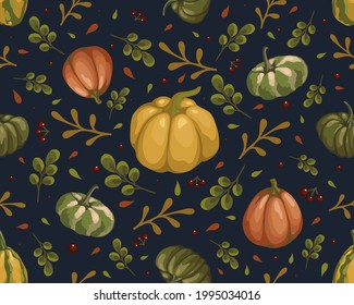 seamless pattern with colorful pumpkins, autumn berries, leaves, stylized vector graphics
autumn background