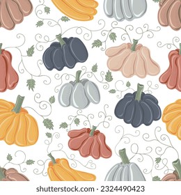Nahtloses Muster mit bunten Kürbissen. Herbstdesign. Thanksgiving- und Erntekonzept. Moderner Druck für Gewebe, Textilien, Wickelpapier. Vektorgrafik