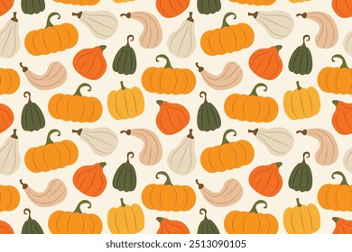 seamless pattern with colorful pumpkins; autumn, Thanksgiving, Halloween background- vector illustration