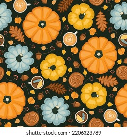 Seamless pattern with colorful pumpkins, cups of tea and cappuccino, cinnamon and different leaves. Vector illustration.