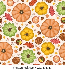 Seamless pattern with colorful pumpkins, cups of tea and cappuccino, cinnamon and different leaves. Vector illustration.