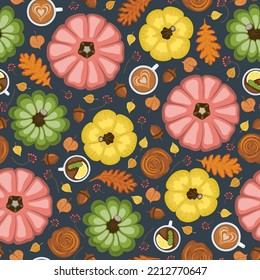 Patrón sin foco con calabazas coloridas, tazas de té y capuchino, canela y hojas diferentes. Ilustración vectorial.