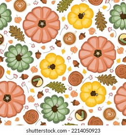 Seamless pattern with colorful pumpkins, cups of tea and cappuccino, cinnamon and different leaves. Vector illustration.
