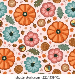 Seamless pattern with colorful pumpkins, cups of tea and cappuccino, cinnamon and different leaves. Vector illustration.