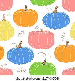 Seamless pattern of colorful pumpkins of different shapes. Childish autumn harvest pumpkin. Vegetables, crops, food, farming. Halloween, Thanksgiving food. Hand drawn vector flat fall illustration.