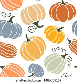 Seamless pattern of colorful pumpkins. Flat style. Vector illustration.