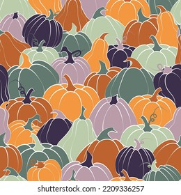Seamless pattern of colorful pumpkins. Flat style. Vector illustration.