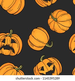Seamless pattern with colorful pumpkins with horrible face on black background. Halloween. Colorful vector illustration in sketch style.