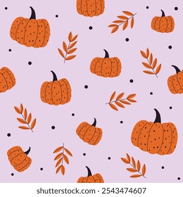 Seamless pattern of colorful pumpkins and leaves. Vector illustration in flat style on purple background.