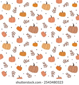 Seamless pattern of colorful pumpkins and leaves. Vector illustration in flat style on a white background.