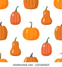 Seamless pattern with colorful pumpkins on white background. Halloween. Thanksgiving Day. Vector illustration.