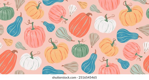 Patrón sin fisuras de calabazas de colores sobre fondo rosa pastel. Ilustración vectorial de estilo retro. Halloween, Acción de Gracias, cosecha, tela de la temporada de otoño, embalaje, papel de embalaje