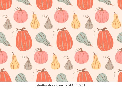 Patrón sin fisuras de calabazas de colores sobre fondo amarillo pastel. Ilustración vectorial en un estilo retro vintage. Acción de gracias, cosecha, tela de la estación del otoño, embalaje, papel de embalaje