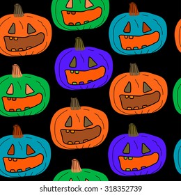 Seamless pattern with colorful pumpkins on black background.