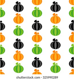 Seamless pattern with colorful pumpkins on white background. Green, orange and black pumpkins. Cute autumn background. Harvest wallpaper. Pumpkins seamless pattern. Halloween symbols.
