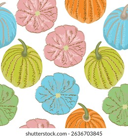 Un patrón sin fisuras con calabazas de colores, perfecto para telas, telas, empaques, diseño de redes sociales, fondos, Fondos de pantalla decorativos, papel de regalo, eventos y tarjetas de felicitación