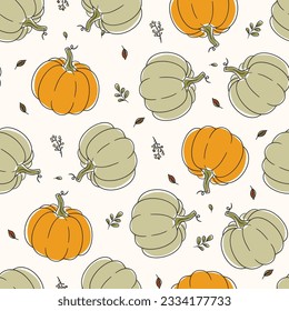 Seamless pattern with colorful pumpkins and plant sprigs. Pumpkins vector illustration for textile, paper design.