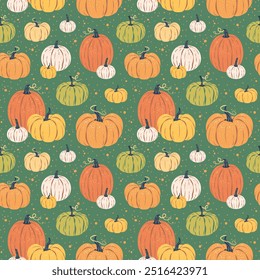 Seamless pattern of colorful pumpkins and spots on green background.. Vector illustration in a flat style. Halloween, Thanksgiving, harvest, autumn season fabric, packaging, wrapping paper, wallpaper